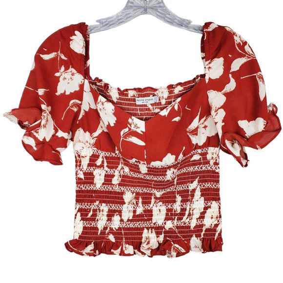 Petite Studio Tops - Petite Studio Tropical Red Floral Sweetheart Neckline Top Puff Sleeves Size XS